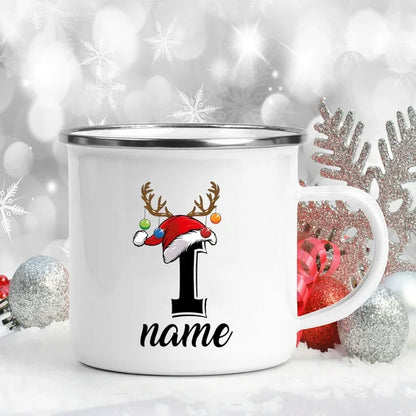 Personalized Christmas Enamel Mugs Custom Deer Horn Christmas Hat Letter Coffee Cups Xmas Party Cocoa Milk Juice Cups Xmas Gift