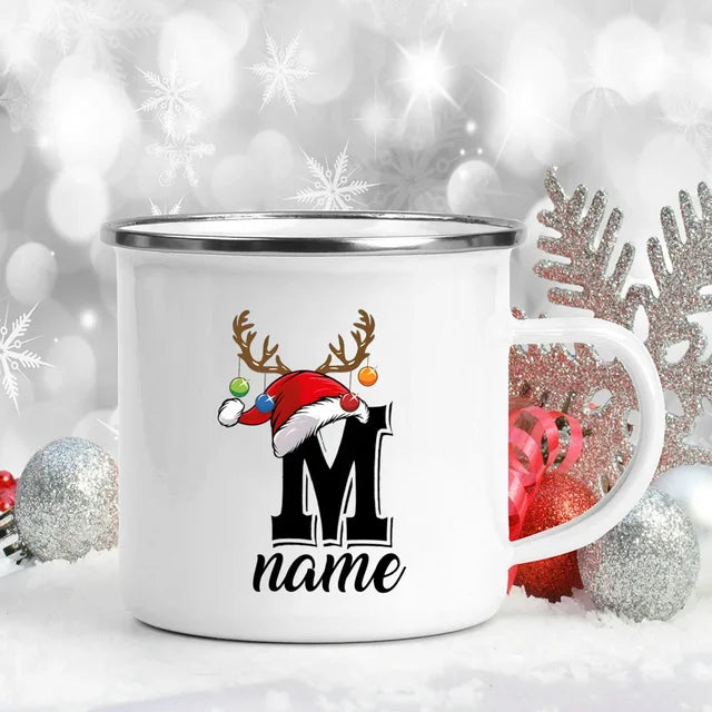 Personalized Christmas Enamel Mugs Custom Deer Horn Christmas Hat Letter Coffee Cups Xmas Party Cocoa Milk Juice Cups Xmas Gift