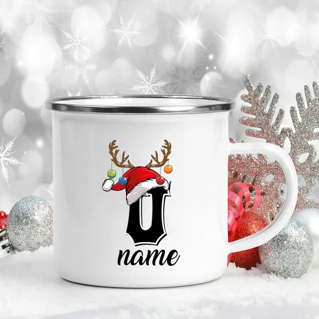 Personalized Christmas Enamel Mugs Custom Deer Horn Christmas Hat Letter Coffee Cups Xmas Party Cocoa Milk Juice Cups Xmas Gift