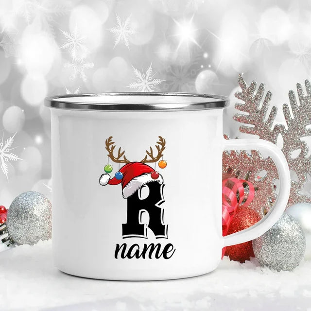 Personalized Christmas Enamel Mugs Custom Deer Horn Christmas Hat Letter Coffee Cups Xmas Party Cocoa Milk Juice Cups Xmas Gift