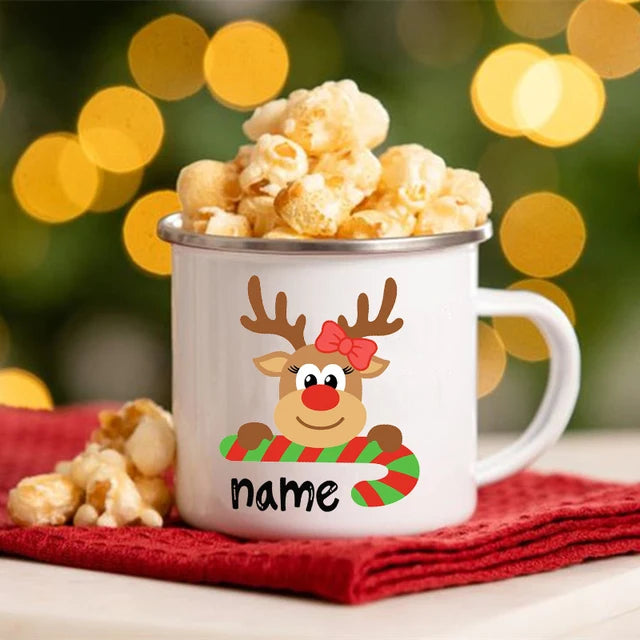 Personlized Deer Sibling Matching Mug Christmas Enamel Cups Custom Name Cocoa Chocolate Drink Jiuce Handle Mugs Gifts for Child