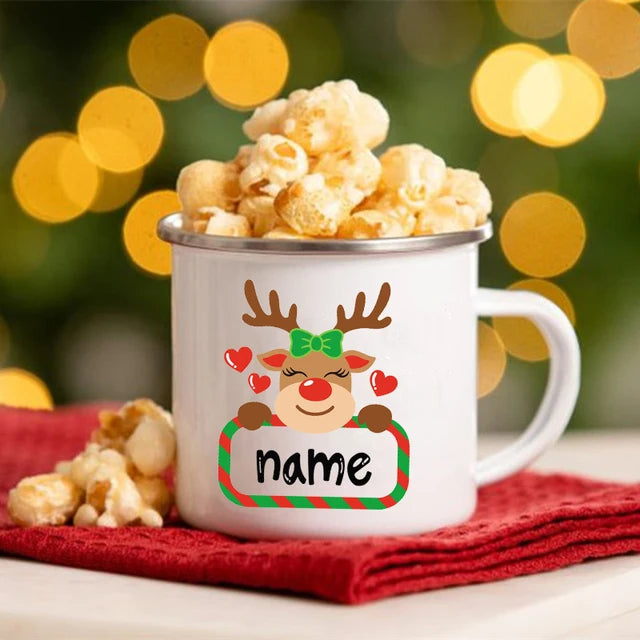 Personlized Deer Sibling Matching Mug Christmas Enamel Cups Custom Name Cocoa Chocolate Drink Jiuce Handle Mugs Gifts for Child