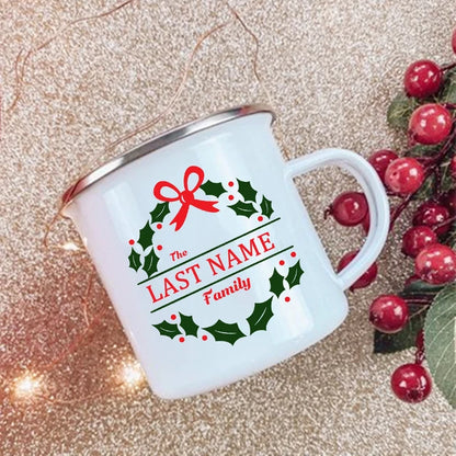 Personalized Custom Name Wreath Enamel Mug Christmas Family Party Coffee Wine Mug Xmas Decor Hot Cocoa Juice Cup Christmas Gifts