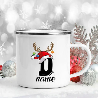 Personalized Christmas Enamel Mugs Custom Deer Horn Christmas Hat Letter Coffee Cups Xmas Party Cocoa Milk Juice Cups Xmas Gift