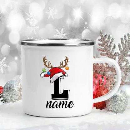 Personalized Christmas Enamel Mugs Custom Deer Horn Christmas Hat Letter Coffee Cups Xmas Party Cocoa Milk Juice Cups Xmas Gift