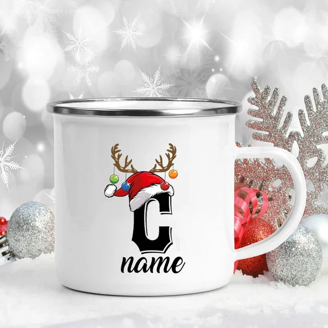 Personalized Christmas Enamel Mugs Custom Deer Horn Christmas Hat Letter Coffee Cups Xmas Party Cocoa Milk Juice Cups Xmas Gift