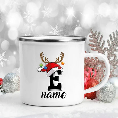 Personalized Christmas Enamel Mugs Custom Deer Horn Christmas Hat Letter Coffee Cups Xmas Party Cocoa Milk Juice Cups Xmas Gift