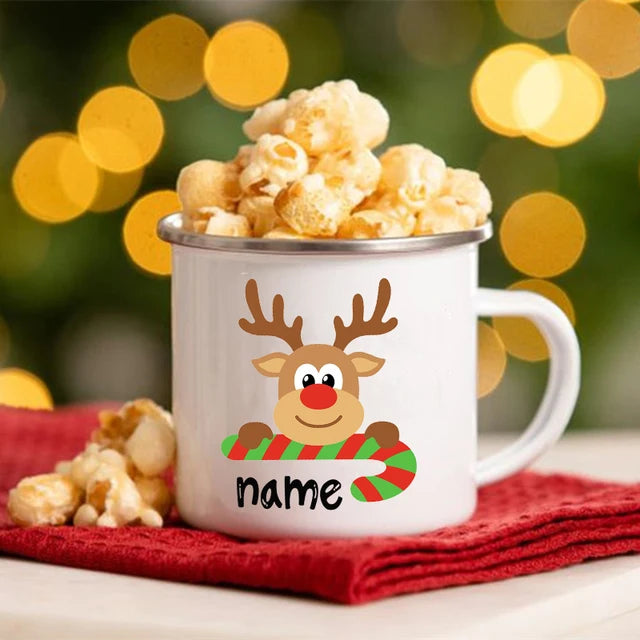 Personlized Deer Sibling Matching Mug Christmas Enamel Cups Custom Name Cocoa Chocolate Drink Jiuce Handle Mugs Gifts for Child